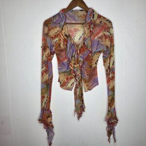 Jaded Womens Abstract Ruffle Front Mesh Blouse Size 6 Fairy Grunge Hippie Goth